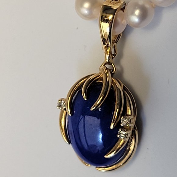 Stunning Large 14K Lapis & Diamond Pendant With Snap Close Bale Pearl Necklace - Picture 2 of 11